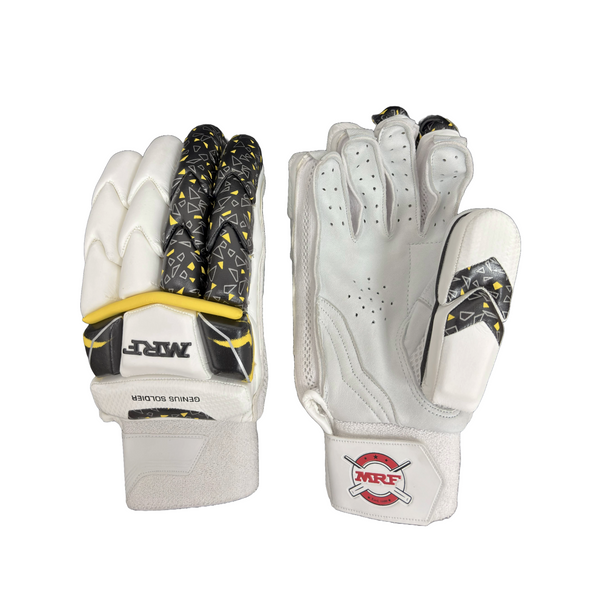 Pair of white cricket gloves with black and yellow accents on a white background, featuring MRF branding.