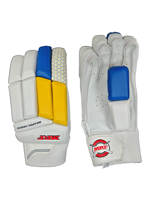 Pair of white cricket gloves with blue and yellow accents on a white background