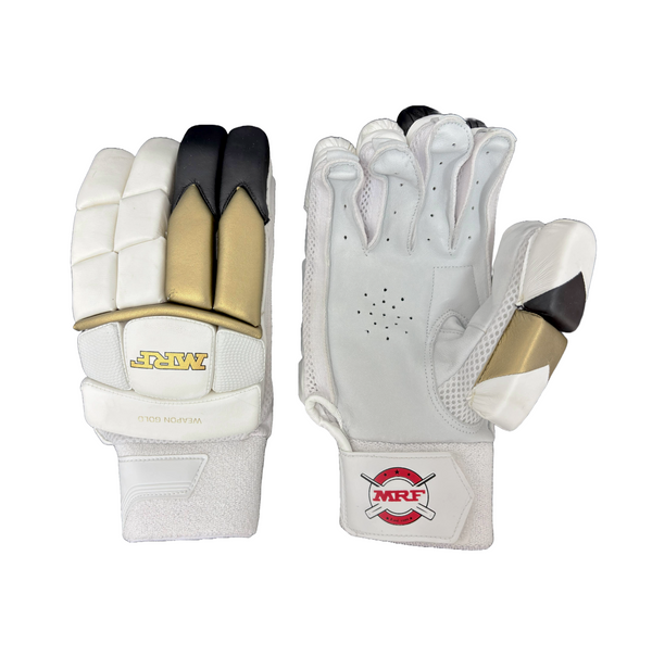 Pair of white cricket gloves with gold and black accents, featuring MRF logo on a white background.