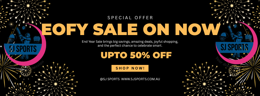 Promotional banner for SJ Sports End of Year Sale with fireworks and sale details.