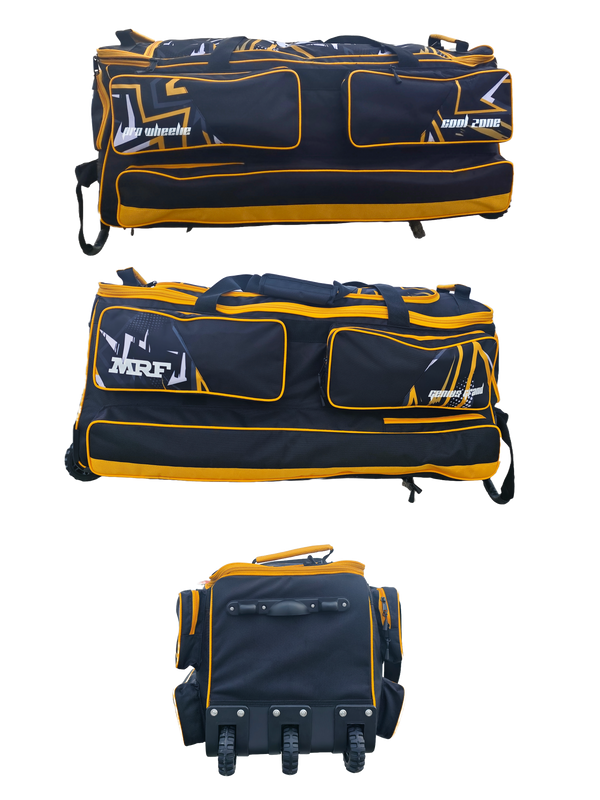 MRF Genius Grand Wheelie Kit Bag featuring multiple compartments, a visible front pocket, and a highlighted Cool Zone chiller pocket. Durable quilted fabric with heavy-duty tractor wheels for easy mobility.