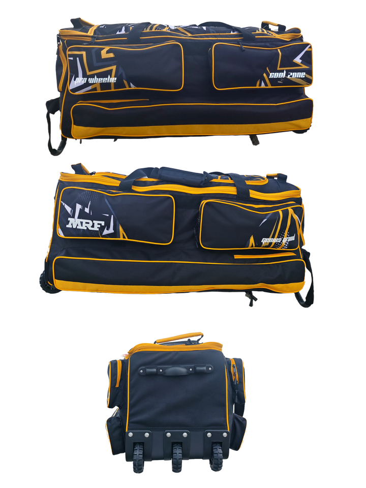 MRF Genius Grand Wheelie Kit Bag featuring multiple compartments, a visible front pocket, and a highlighted Cool Zone chiller pocket. Durable quilted fabric with heavy-duty tractor wheels for easy mobility.