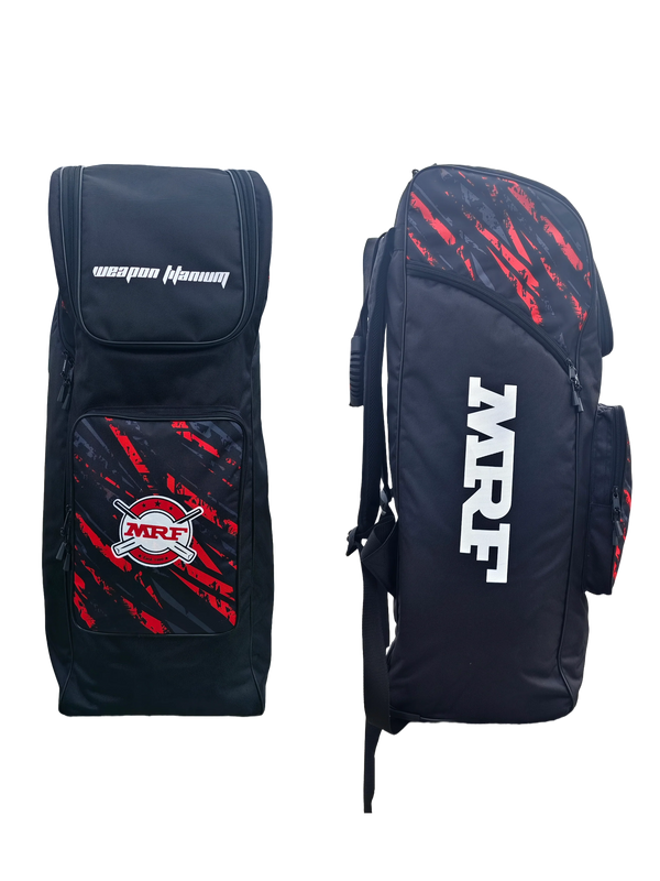 MRF Weapon Titanium Duffle Wheelie Kit Bag with durable 1680D fabric, separate shoe and wet compartments, and smooth-rolling wheels with anti-scuff protection.