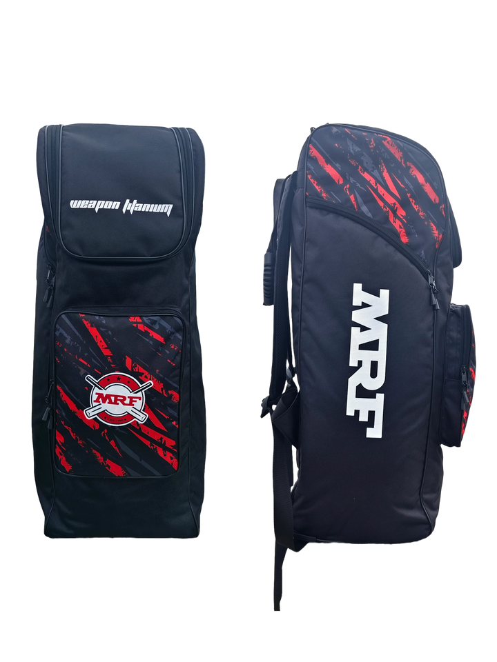 MRF Weapon Titanium Duffle Wheelie Kit Bag with durable 1680D fabric, separate shoe and wet compartments, and smooth-rolling wheels with anti-scuff protection.